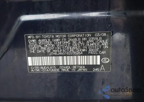 2008 Lexus Es 350 z USA, uszkodzony, nr VIN JTHBJ46G182235264